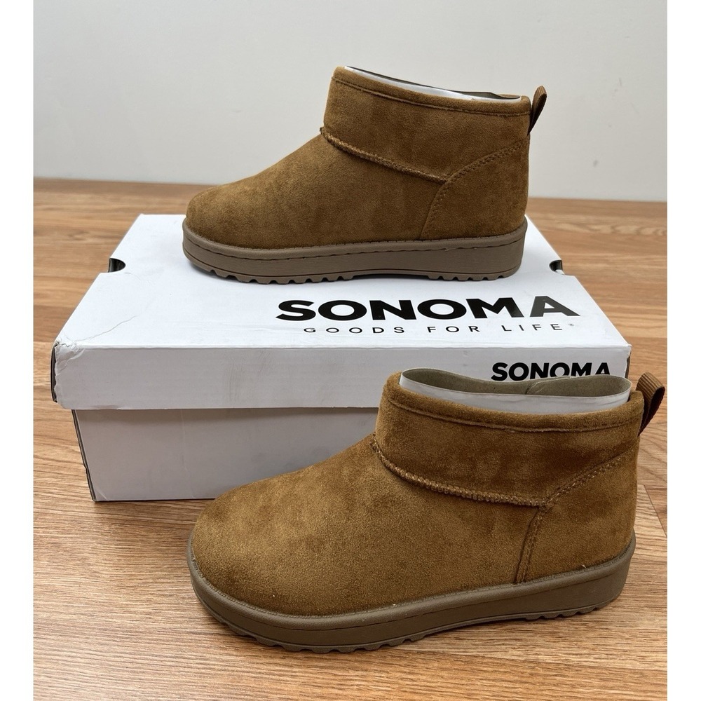 Sonoma Kazz Youth Girls Size 1 Micro Fiber Ankle Boots Faux Fur Lined Cognac NEW